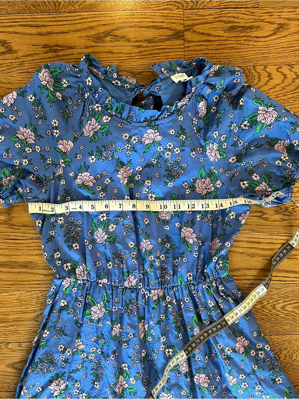 J. Crew Blue Floral Mini Dress with Puff Sleeves, Smocked & Tie Back 100% Cotton - Picture 9 of 10
